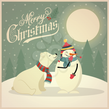 Beautiful retro Christmas card with polar bear and snowman. Flat design. Vector
