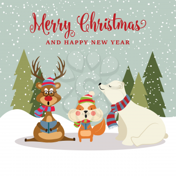 Gorgeousl flat design Christmas card with reindeer, squirrel and polar bear . Christmas poster. Vector