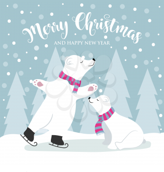 Christmas card with cute polar bears and wishes. Flat design. Vector