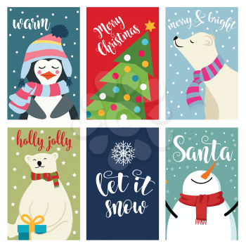 Christmas card collection with polar bears and wishes. Labels. Stickers. Flat design