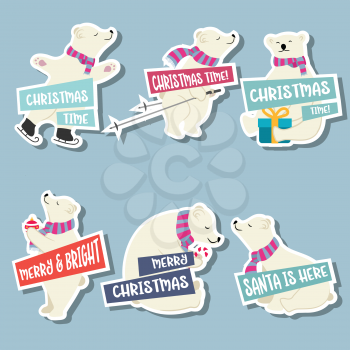 Christmas stickers collection with polar bears and wishes. Flat design