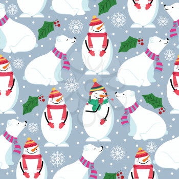 Christmas seamless pattern with polar bears,snowman and mistletoe. Suitable for Christmas posters, wrapping and print. Vector