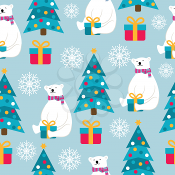 Christmas seamless pattern with polar bears, Christmas trees and presents. Suitable for Christmas posters, wrapping and print. Vector