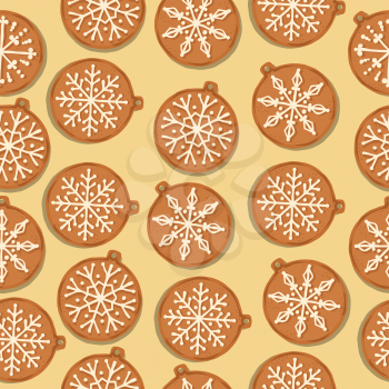 Festive Christmas seamless pattern with gingerbread Christmas balls on yellow background. Vector