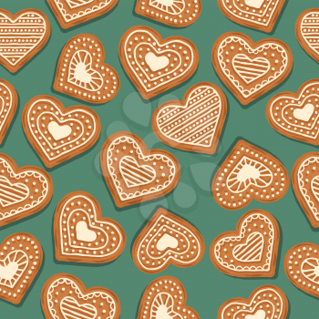 Festive Christmas seamless pattern with gingerbread hearts on green background. Vector