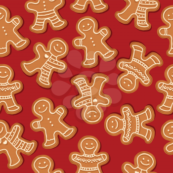 Festive Christmas seamless pattern with gingerbread men on red background. Vector