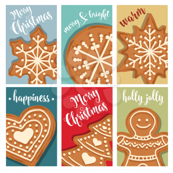 Christmas card collection with gingerbread. Labels. Stickers. Flat design