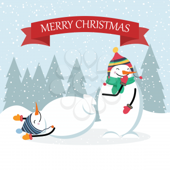 Beautiful flat design Christmas card funny snowman. Christmas poster. Vector