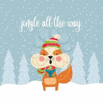 Cute Christmas card with squirrel singing carols. Christmas poster. Vector
