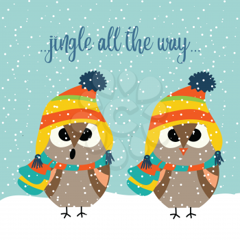 Cute Christmas card with owls singing carols. Christmas poster. Vector