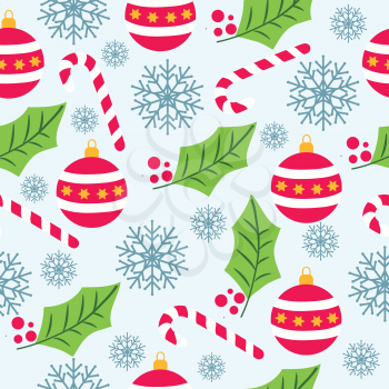 Christmas seamless pattern with snowflakes, candy canes, globes and mistletoe for Christmas background ,  wrapping paper, print. Vector