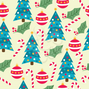 Christmas seamless pattern with Christmas trees, candy canes, globes and mistletoe for Christmas background,  wrapping paper, print. Vector