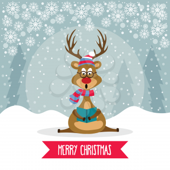Beautiful flat design Christmas card with reindeer singing carols. Christmas poster. Vector