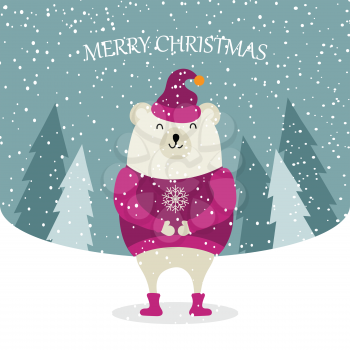 Beautiful flat design Christmas card with dressed polar bear. Christmas poster. Vector