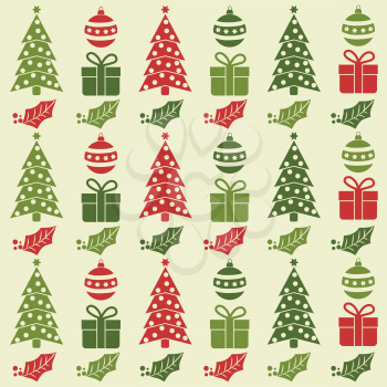 Christmas seamless pattern with  balls, Christmas trees, gifts and mistletoe. Christmas background. Christmas wrapping. Flat design