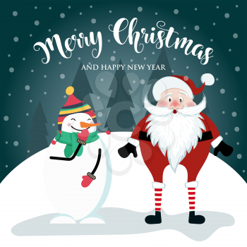 Christmas card with cute Santal, snowman and wishes. Flat design. Vector