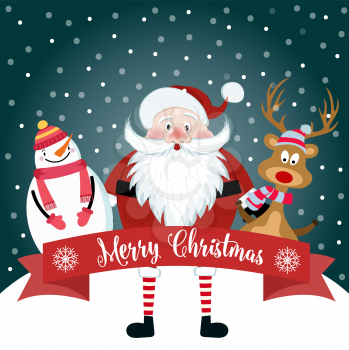 Christmas card with cute Santa, snowman and reindeer. Flat design. Vector