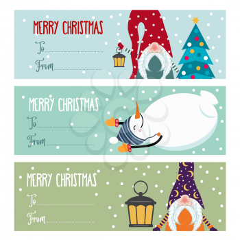Cute flat design Christmas labels collection with snowmen and gnomes isolated on white background for presents. Vector