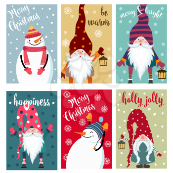 Christmas card collection with snowman and gnomes. Labels. Stickers. Flat design