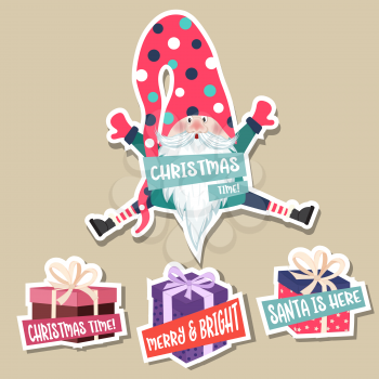 Christmas stickers collection with cute gnome and gift boxes. Flat design