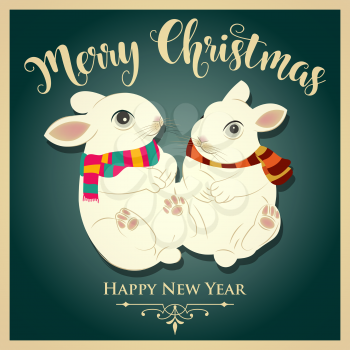 Vintage  Christmas card with rabbits and message. Christmas poster. Print. Vector