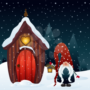 Christmas night scene with gnome and his magical house