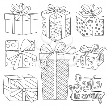 Outline Christmas gift boxes collection for coloring
