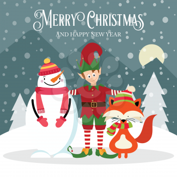Elf, snowman and fox. Beautiful Christmas card. Flat design. Vector