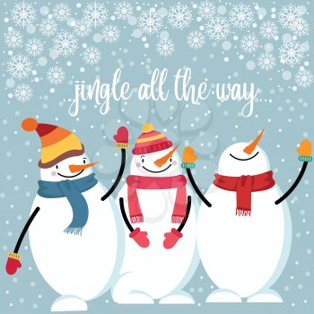 Beautiful flat design Christmas card with happy snowman. Christmas poster. Vector