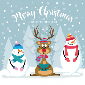 Christmas card with cute snowman, reinder and wishes. Flat design. Vector