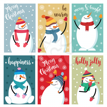 Christmas card collection with snowman and wishes. Labels. Stickers. Flat design