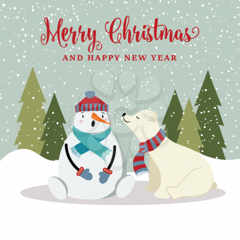 Gorgeous Christmas card with snowman and polar bear . Christmas poster. Vector