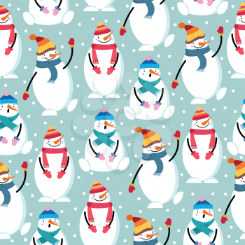 Cute flat design Christmas seamless pattern with snowman. Christmas background. Christmas wrapping paper. Vector