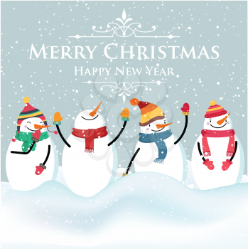 Beautiful flat design Christmas card with snowman and wishes. Christmas poster. Print. Vector