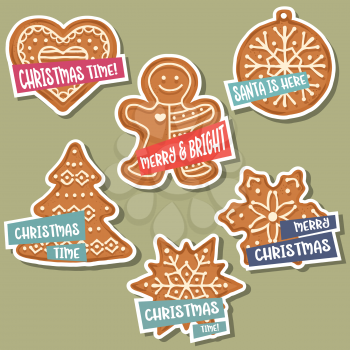 Christmas stickers collection with Christmas gingerbread and wishes. Isolated elements. Flat design