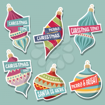 Christmas stickers collection with Christmas balls and wishes. Flat design. Vector