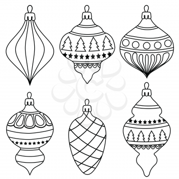 Hand drawn Outline Christmas balls collection  for coloring . Items isolated on white background. For coloring book. Vector