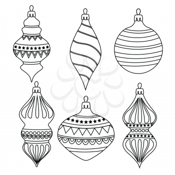Hand drawn Outline Christmas balls collection  for coloring . Items isolated on white background. For coloring book. Vector