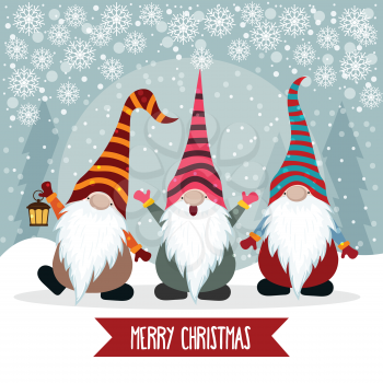 Christmas card with cute gnomes. Flat design. Vector