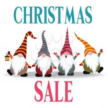 Christmas sale poster with gnomes. Flat design. Vector