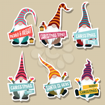 Christmas stickers collection with gnomes. Flat design