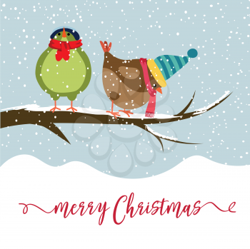 Christmas card with two birds. Christmas background. Flat design. Vector