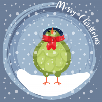 Christmas card with little dressed bird. Flat design. Vector