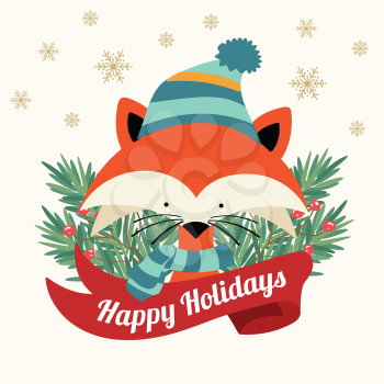 Christmas card with tree braches and little fox