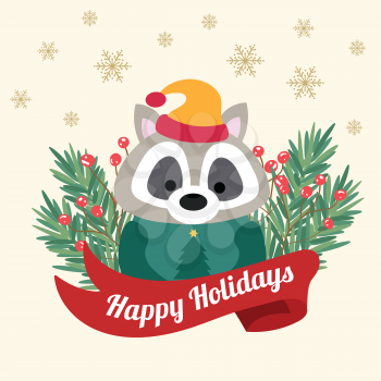 Christmas card with tree braches and funny raccoon.Christmas poster