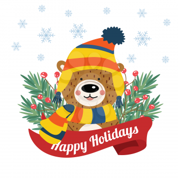 Cute Christmas card with tree braches and funny bear. Christmas poster