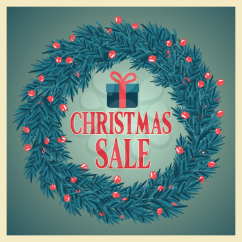 Christmas sale poster with wreath. Flat design. Vector