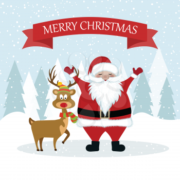 Christmas card with Santa and reindeer. Christmas poster. Vector
