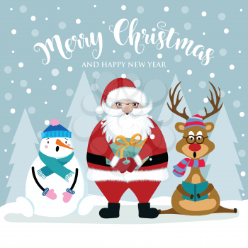 Christmas card with Santa, snowman and reindeer. Flat design. Vector