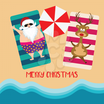 Christmas card with santa and reindeer at beach. Flat design